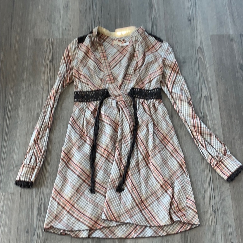 free people l/s brown plaid mini dress, SZ 4
